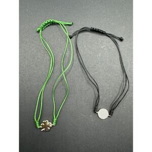 Lot of 2 LA 925 Sterling Silver Clover Charm Clear Rhinestone String Bracelet